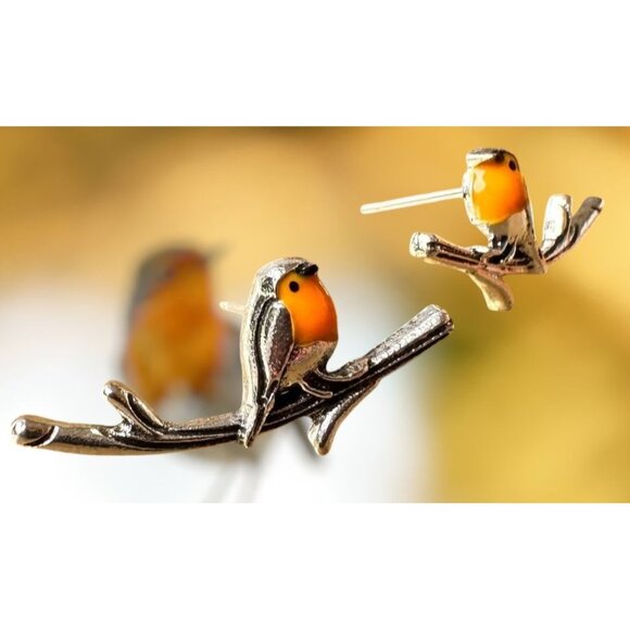 Robin Bird Earrings Ear Climbers New Orange Silver Tree Branch Loved One… - Picture 2 of 12